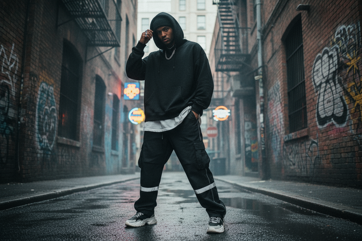 street-style model with black hoodie